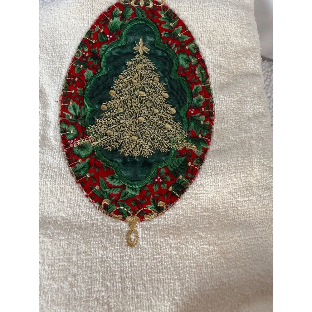 VTG Christmas Tree Embroidered Bath Hand Towel Set Cream Holly Border‎ 3pc